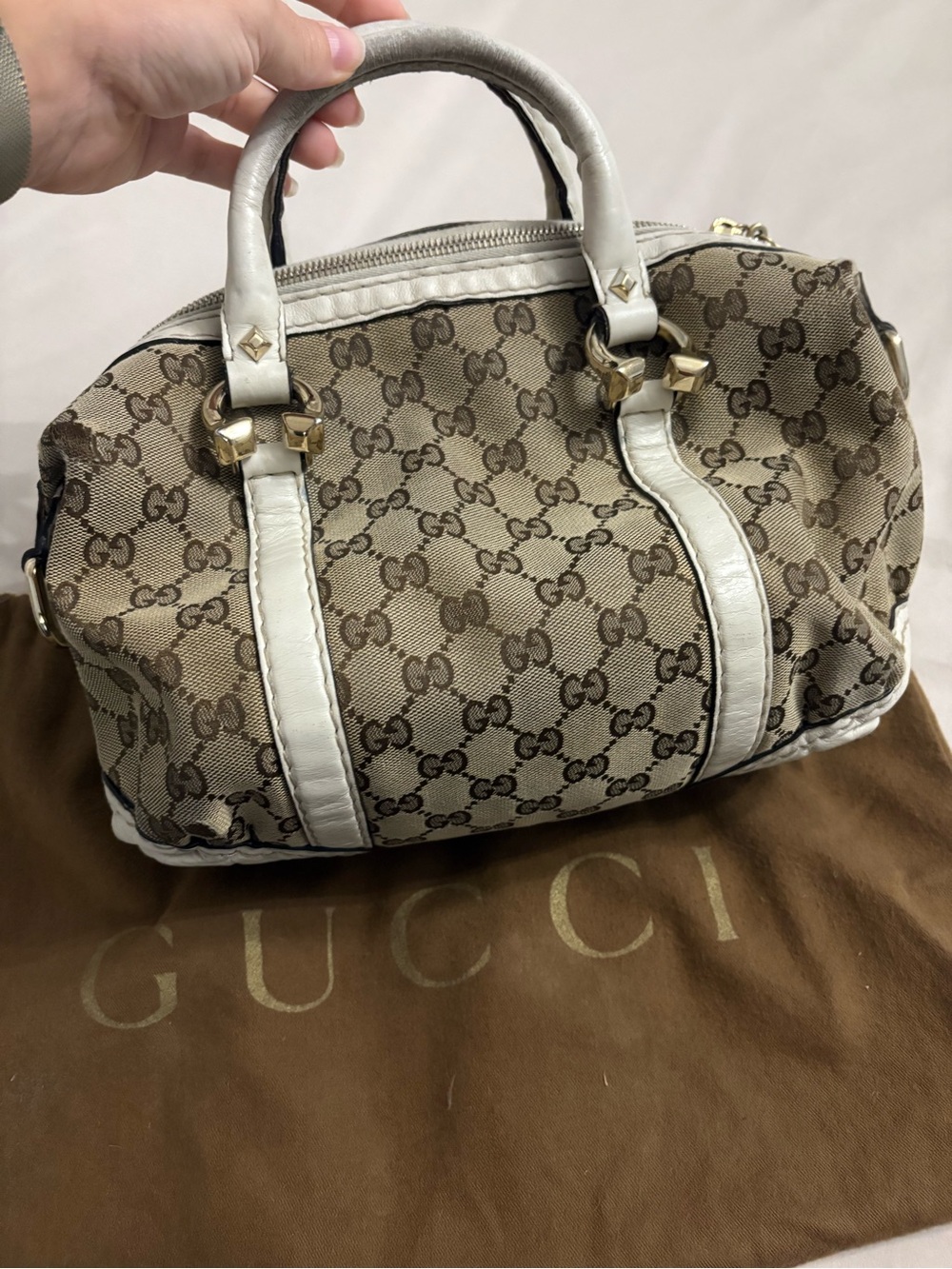 Gucci Beige GG Canvas Satchel with White Leather Trim and Gold Hardware